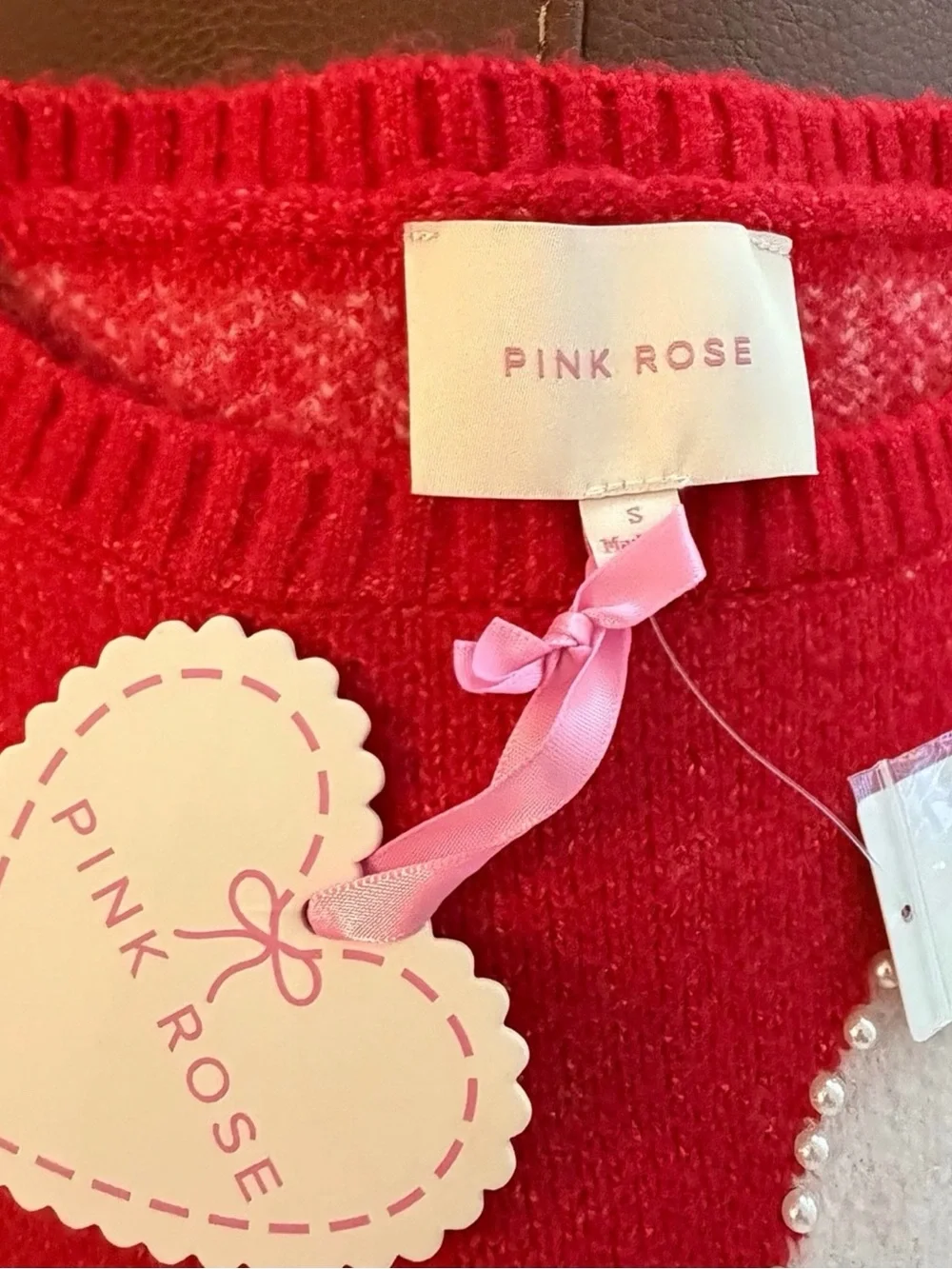 Pink Rose Red Sweater with Cream Heart and Pearl Trim